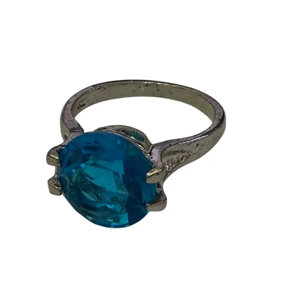 Blue Unique Solitaire Stone Silver Ring Size 9